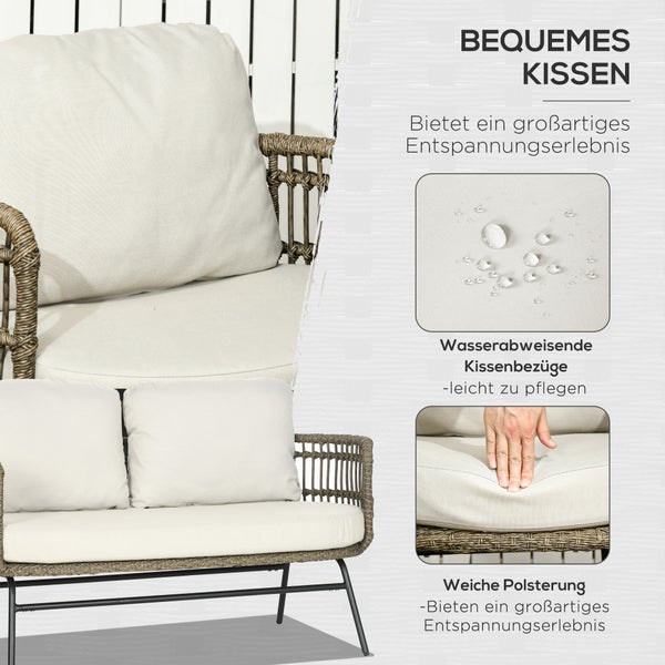 Outsunny Gartenmöbel-Set, 5 tlg. Rattan Sitzgarnitur mit Kissen, Sitzgruppe mit 2 Sesseln, 2 Couchtischen, 1 Doppelsofa, Balkonmöbel im Boho-Stil, für 4 Personen, Alu, Braun