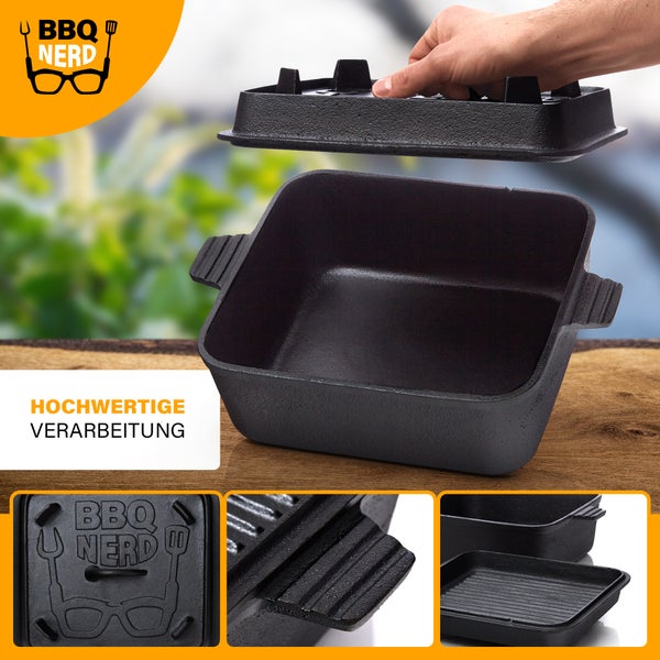 BBQ-Nerd Dutch Oven Brottopf - Kastenform mit Deckel 5,5 L | Brotbackform mit gerillter Steakpfanne - für Kuchen Brot Auflauf Braten | Feuertopf für alle Herdarten, Öfen und Grillgeräte