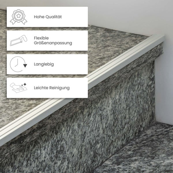 Treppenkantenprofil an Steintreppe mit hoher Qualität, flexibler Größenanpassung, Langlebigkeit und leichter Reinigung.