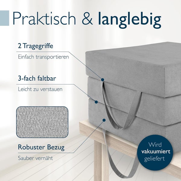 Dreifach faltbare Gästematratze mit zwei Tragegriffen und robustem Stoffbezug, einfach zu verstauen und vakuumiert geliefert.