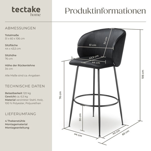 Produktinformationen zu einem Barhocker mit Maßen und technischen Daten.
