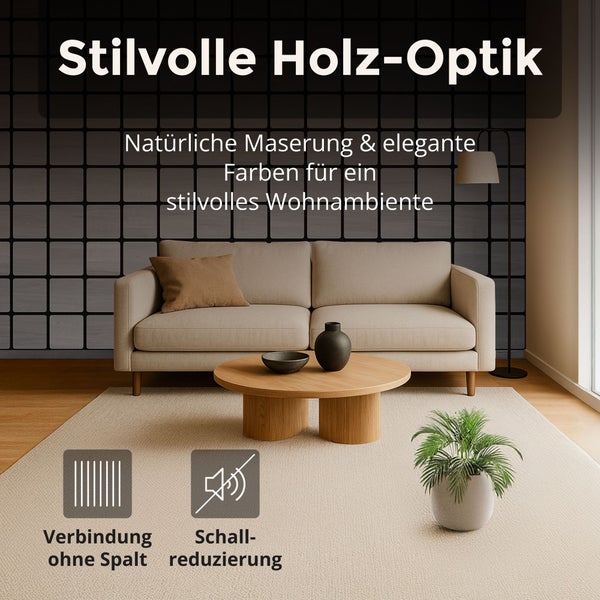 Modernes Wohnzimmer mit Wandpaneelen in Holzoptik. Merkmale: natürliche Maserung, spaltfreie Verbindung und schallreduzierende Eigenschaften.