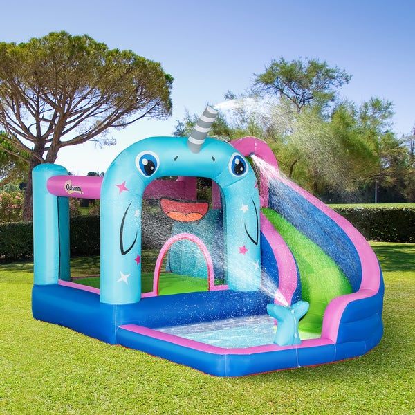 Outsunny Aufblasbare Hüpfburg mit Gebläse, Wasserspielcenter inkl. Sicherheitsnetz, Wasserrutsche, Spielburg Wasserpark für Kinder 3 bis 8 Jahre, 330 x 280 x 200cm