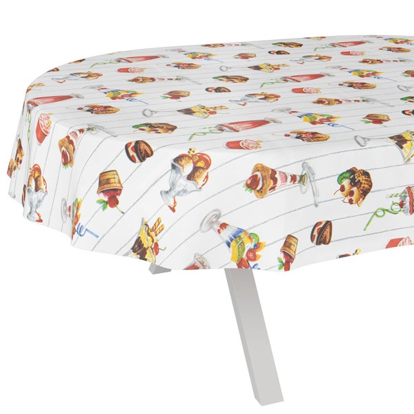 Ovale Tischdecke mit Motiven von Eisbechern und Desserts.