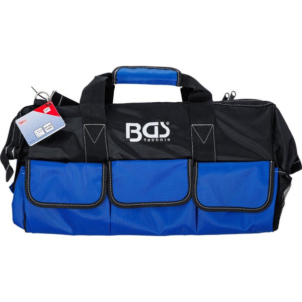 Blaue und schwarze Werkzeugtasche aus Nylon mit mehreren Außentaschen, Tragegriffen, Schultergurt und BGS technic Logo.
