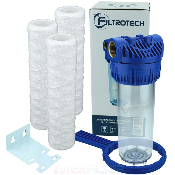 Filtrotech Wasserfiltergehaeuse Set mit 10 Zoll Filterkartuschen Wandhalterung und Montageschluessel