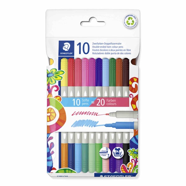Staedtler Zweifarben-Doppelfasermaler Set mit 10 Stiften für 20 Farben. Doppelseitige Spitzen circa 1 Millimeter und 3 Millimeter.