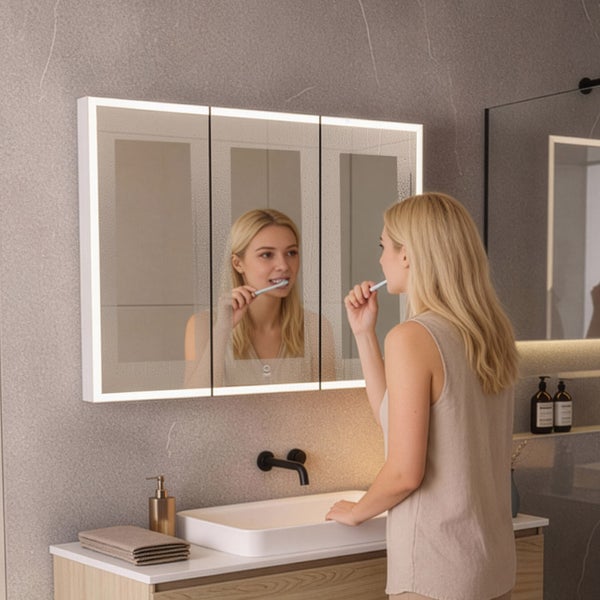 Home Deluxe LED-Spiegelschrank EVE Schwarz 100 x 80 cm I Unterputz-Montage, Antibeschlagsystem, Kosmetikspiegelschrank, Badezimmerspiegelschrank, Touch-Bedienung, Stufenloses Dimmen, Glasböden,