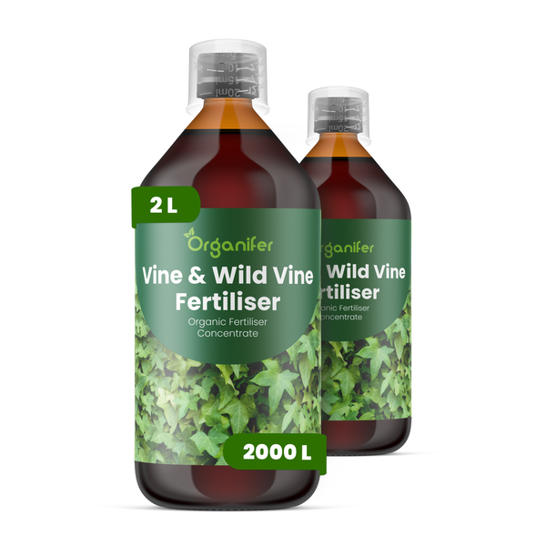 Zwei Flaschen Organifer Wein- und Wildwein-Dünger, organisches Düngerkonzentrat, insgesamt 2 Liter.