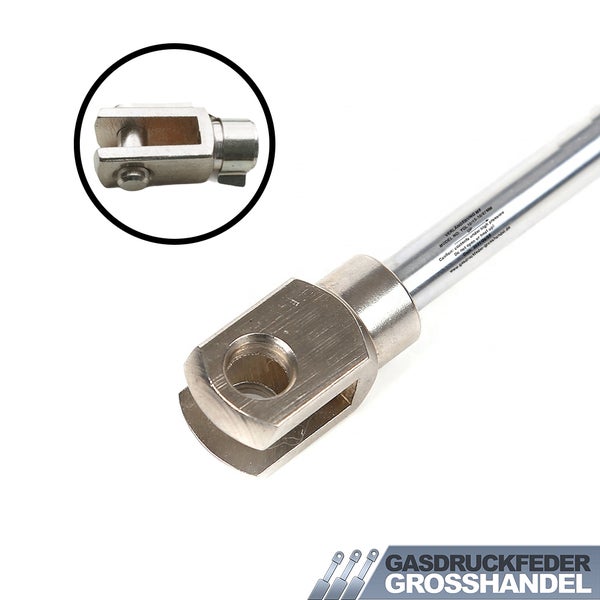 Metall-Gabelkopf für Gasdruckfedern mit Gewindeverlängerung M8. Gasdruckfeder Grosshandel Logo.