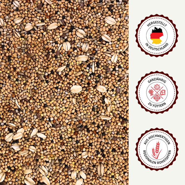 Wellensittichfutter mit Siegeln: Hergestellt in Deutschland, ganzjährig zu füttern, aus hochwertigen regionalen Rohstoffen