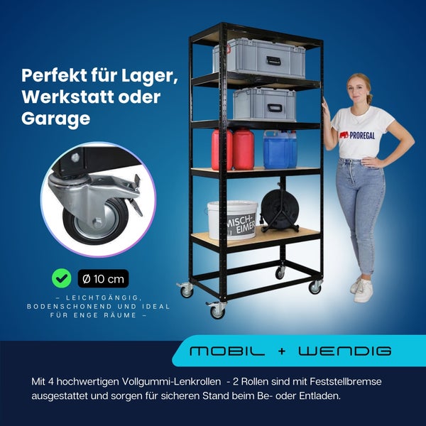 Mobiles Schwerlastregal aus schwarzem Metall mit Holzfachböden für Lager und Werkstatt. Lenkrolle mit 10 Zentimeter Durchmesser. Proregal Logo.