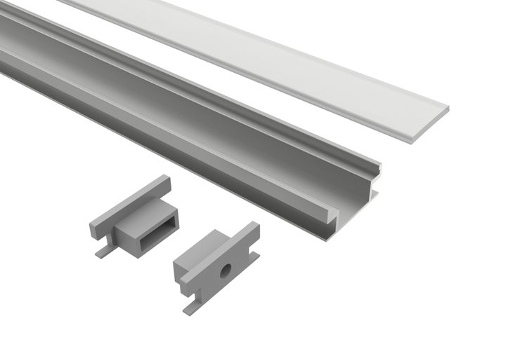 TIVENDIS Led Alu Profil 2 m FL mit Zubehör für Strip / Streifen bis 10 mm breit | Abdeckung satiniert milchig  |  Einbau Trockenbau Abschlussleiste Abschlussprofil Deckenleiste eloxiert