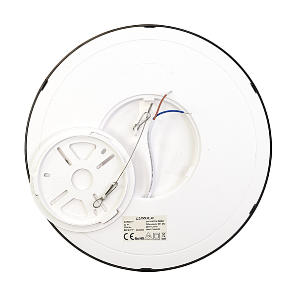 Rückseite einer runden weißen Luxula LED Deckenleuchte mit Montageplatte, Sicherheitskabel und Anschlusskabeln.