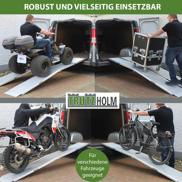 Mehrfachansicht der Auffahrrampe mit Quad, Fahrrad, Motorrad und Rollwagen für den Transport in einem Lieferwagen