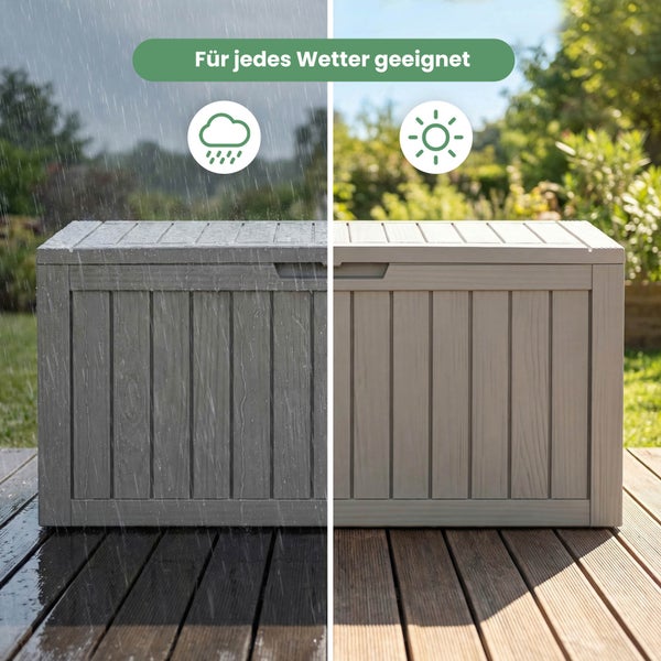 Wetterfeste Kissenbox in Holzoptik bei Regen und Sonnenschein auf einer Holzterrasse.