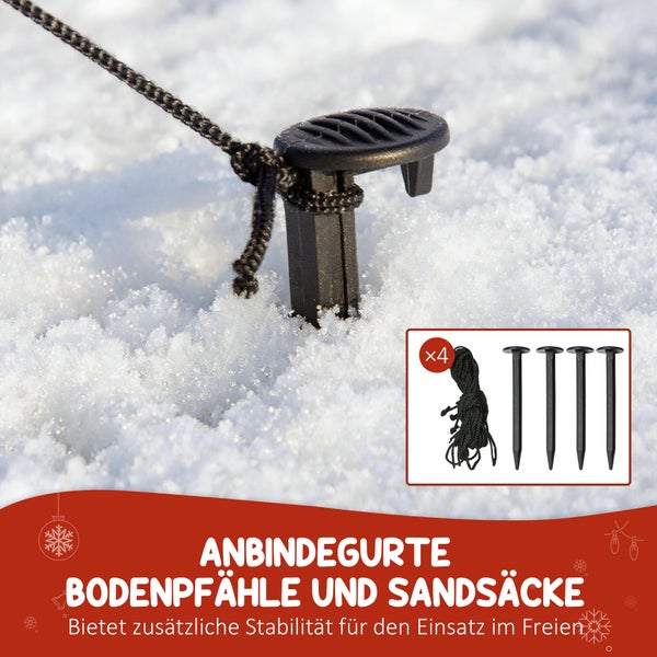 Vier schwarze Bodenpfähle mit Anbindegurten zur Befestigung von Outdoor-Dekorationen im Boden oder Schnee.