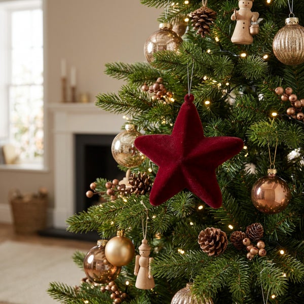 Festlich geschmückter Weihnachtsbaum mit einem roten Stern aus Samt, glänzenden Weihnachtskugeln, Holzfiguren und Zapfen in einem Wohnraum.