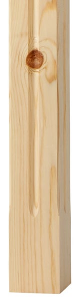 Holzpfosten aus Nadelholz mit eingefräster Nut, sichtbarer Holzmaserung und einem Astloch.