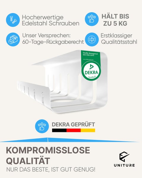 Weiße Wandhalterung aus Qualitätsstahl, Edelstahlschrauben, fünf Kilogramm Tragkraft, sechzig Tage Rückgaberecht, DEKRA Zertifizierung. UNITURE Logo.