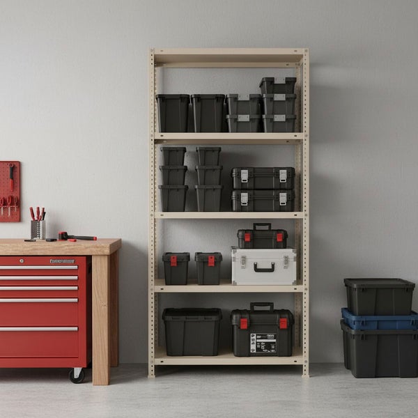 Organisierte Werkstatt mit einem beigen Metallregal mit fünf Ebenen, gefüllt mit Aufbewahrungsboxen aus Kunststoff neben einem roten Werkstattwagen.