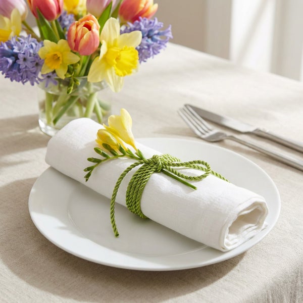Festlich gedeckter Tisch mit weißer Stoffserviette, Frühlingsblumen und Geschirr als frühlingshafte Dekoration.