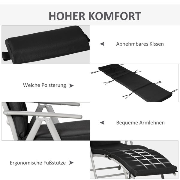 Outsunny Sonnenliege, Gartenliege, klappbar, verstellbar, mit Kissen, 137 x 63,5 x 100,5 cm, Metall, Stoff, Schwarz