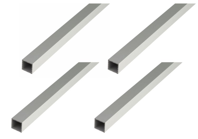 Vier Aluminium Vierkantrohre als Set für vielseitige Konstruktionszwecke