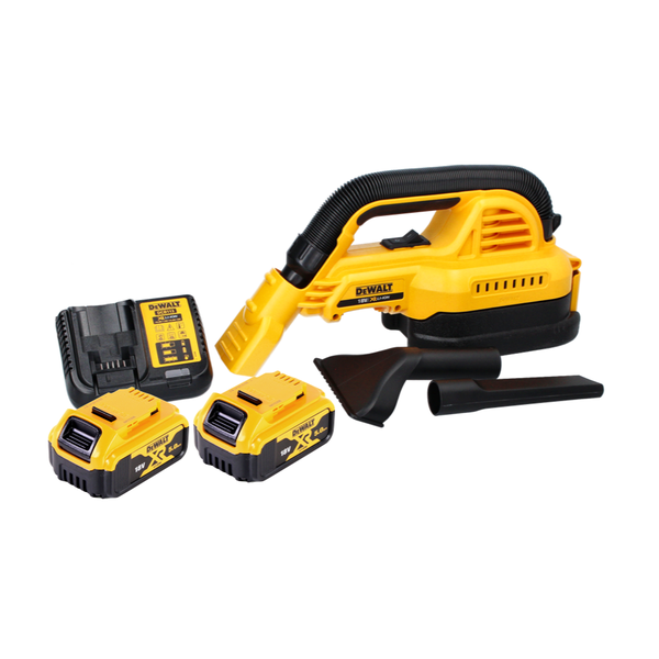Gelb-schwarzes DeWalt Akku-Handsauger Set mit zwei 18 Volt 5,0 Amperestunden Akkus, Ladegerät und zwei Düsenaufsätzen.