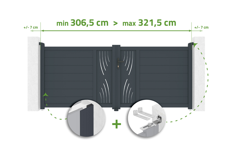 Doppelflügeltor mit den Massangaben minimal 306,5 Zentimeter bis maximal 321,5 Zentimeter