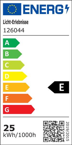 EU Energieeffizienzlabel mit der Klasse E für das Produkt Licht-Erlebnisse 126044 und einem Energieverbrauch von 25 Kilowattstunden pro 1000 Stunden