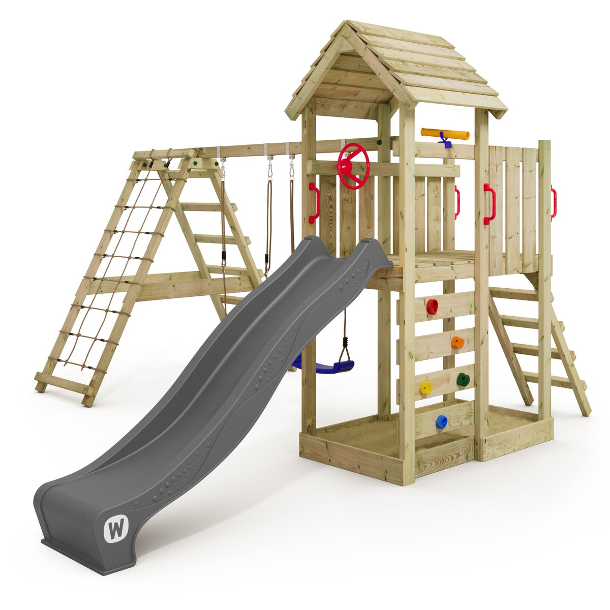 WICKEY Spielturm Klettergerüst RocketFlyer mit Schaukel und Rutsche, Kletterturm mit Sandkasten, Kletteranbau und Spiel-Zubehör - anthrazit
