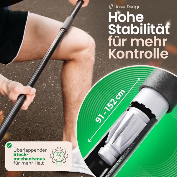 Teleskopstange ausziehbar von 91 bis 152 Zentimeter mit überlappendem Steckmechanismus für hohe Stabilität und Kontrolle beim Arbeiten.