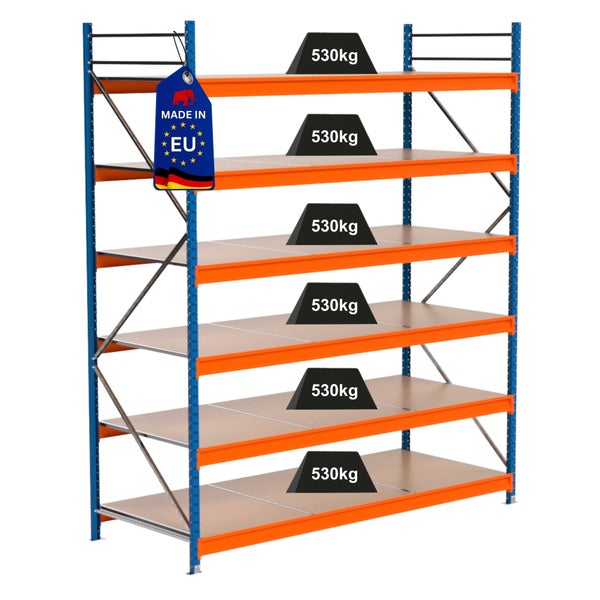 Lagerregal mit sechs Ebenen und einer Traglast von 530 Kilogramm pro Ebene sowie dem Gütesiegel Made in EU