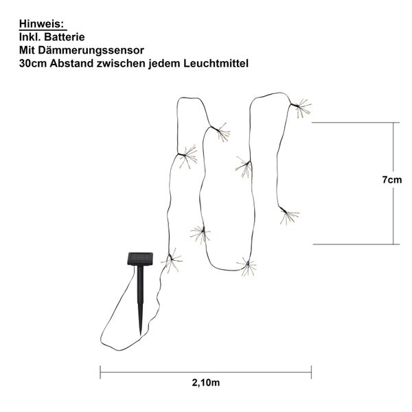 Solarleuchtkette mit Dämmerungssensor, inklusive Batterie, Abstand zwischen den Leuchtmitteln circa 30 Zentimeter, Höhe circa 7 Zentimeter, Länge circa 2,10 Meter