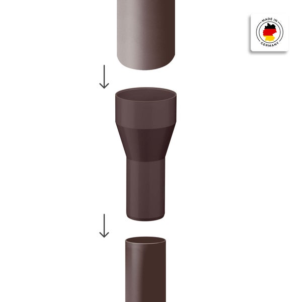 Kunststoff-Rohrreduzierung für Fallrohre, Montageillustration mit Siegel für Herstellung in Deutschland.