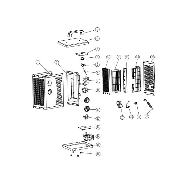 Explosionszeichnung einer Bautrockner-Einheit mit nummerierten Einzelteilen