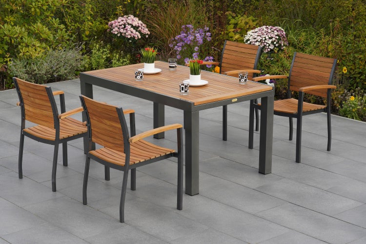 Santorin Gartenmöbelset 5tlg., 4 Stapelsessel, Ausziehtisch 150 (200) x 90 cm