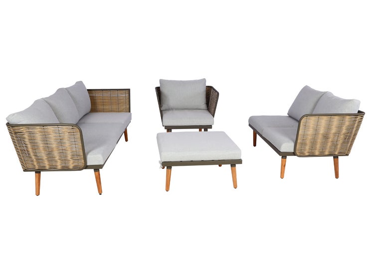 Garten-Lounge-Set bestehend aus Sofa, Sessel, Sofaelement und Hocker mit Geflecht-Optik, Holzfüßen und Polstern.