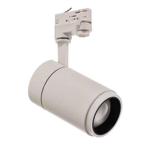 Verstellbarer Schienenstrahler in zylindrischer Form mit Stromschienenadapter.