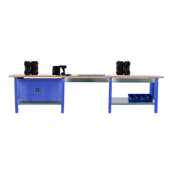 Werkbank BUFFALO WOOD mit 2x Schublade + Schrank| HxBxT 86,5x300x75cm | Traglast 1000kg | Blau