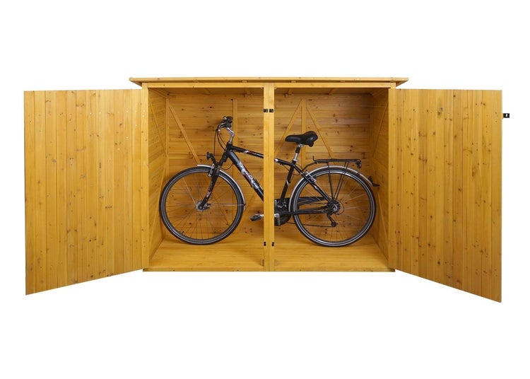 Holz-Gartenschrank mit Doppeltür, Pultdach und Querstreben zur Aufbewahrung von Gartengeräten.