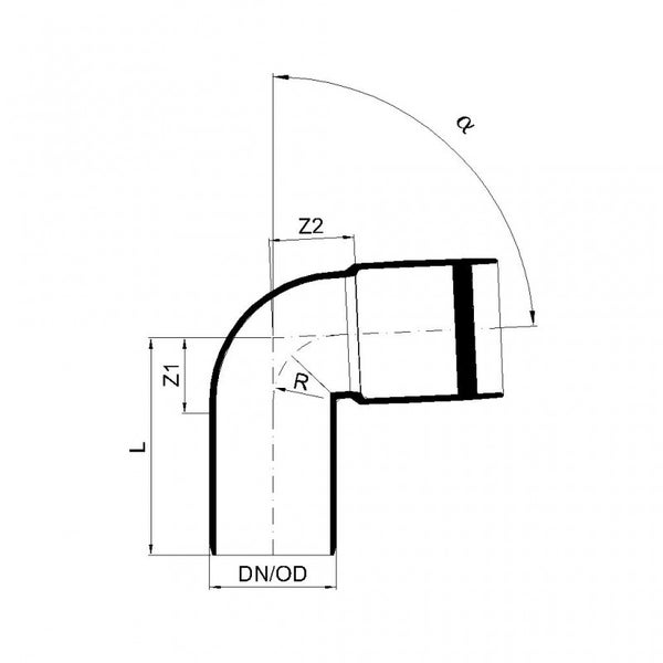 Technische Zeichnung eines Rohrbogens mit Maßangaben für Winkel, Nenndurchmesser und Längen.