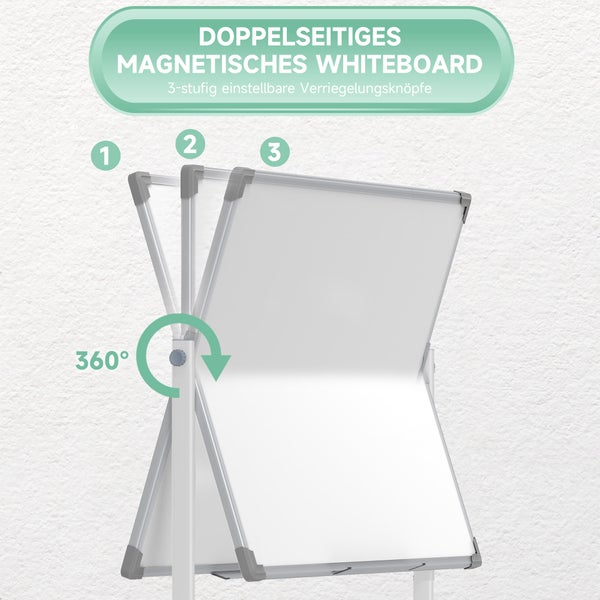 Doppelseitiges magnetisches Whiteboard, 360 Grad drehbar mit 3-stufig einstellbarem Neigungswinkel und Aluminiumrahmen.