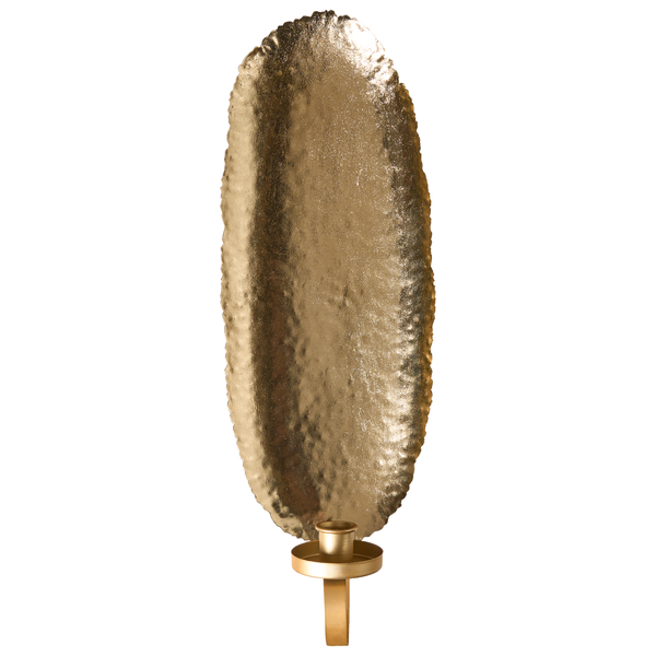Wandkerzenhalter aus Metall in Gold-Optik mit strukturierter, ovaler Rückwand.
