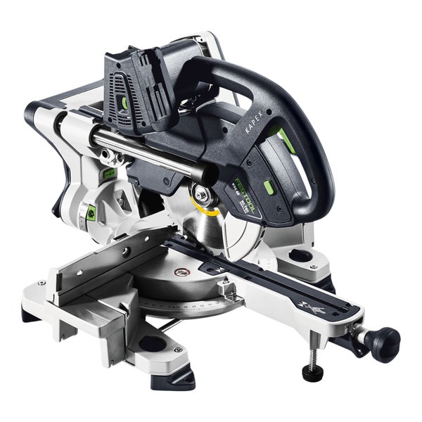 Festool Akku-Kapp-Zugsäge Kapex KSC 60 mit Sägeblatt und stabilen Führungsschienen für präzise Schnitte.