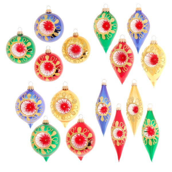 Traditionelle Farben Rot/Gold/Grün/Blau glanz 10cm Reflex-Formenset aus Glas mundgeblasen, handbemalt, 16 Stck., Weihnachtsbaumkugeln, Christbaumschmuck, Weihnachtsbaumanhänger