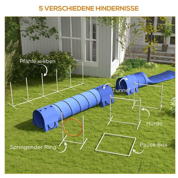 PawHut Hunde Agility Set, 7er-Set Hundetraining mit Höhenverstellbaren Agilityhürden, Flechtstangen, Pausenbox, Tunnel, Sprungring, Steckhürdenset inklusive Pfeife, Tragetasche