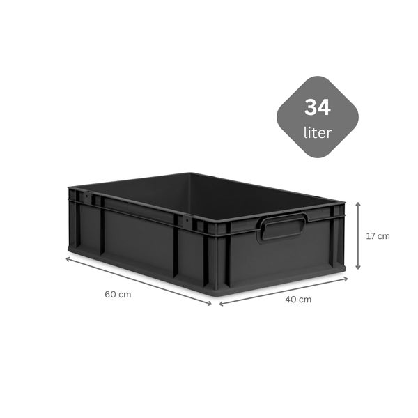 PROREGAL SuperSparSet 5x Eurobox NextGen Grip mit Scharnierdeckel und roten Schiebeschnappverschlüssen, HxBxT 17x40x60cm, 34 Liter, Schwarz, Griffe geschlossen, Eurobehälter, Transportbox, Transportbehälter, Stapelbehälter