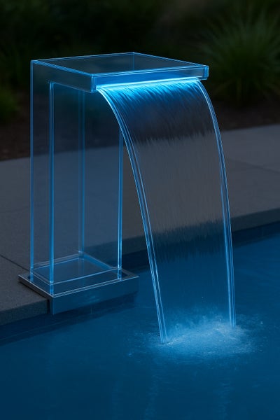 Blau beleuchteter Pool-Wasserfall aus transparentem Acryl mit breitem Wasserschwall am Beckenrand.